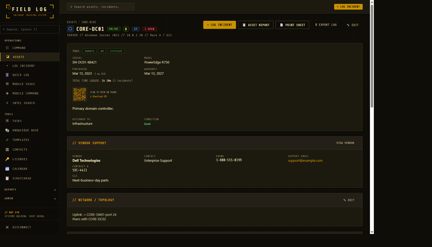 Field Log asset detail page for CORE-DC01 with vendor and topology notes