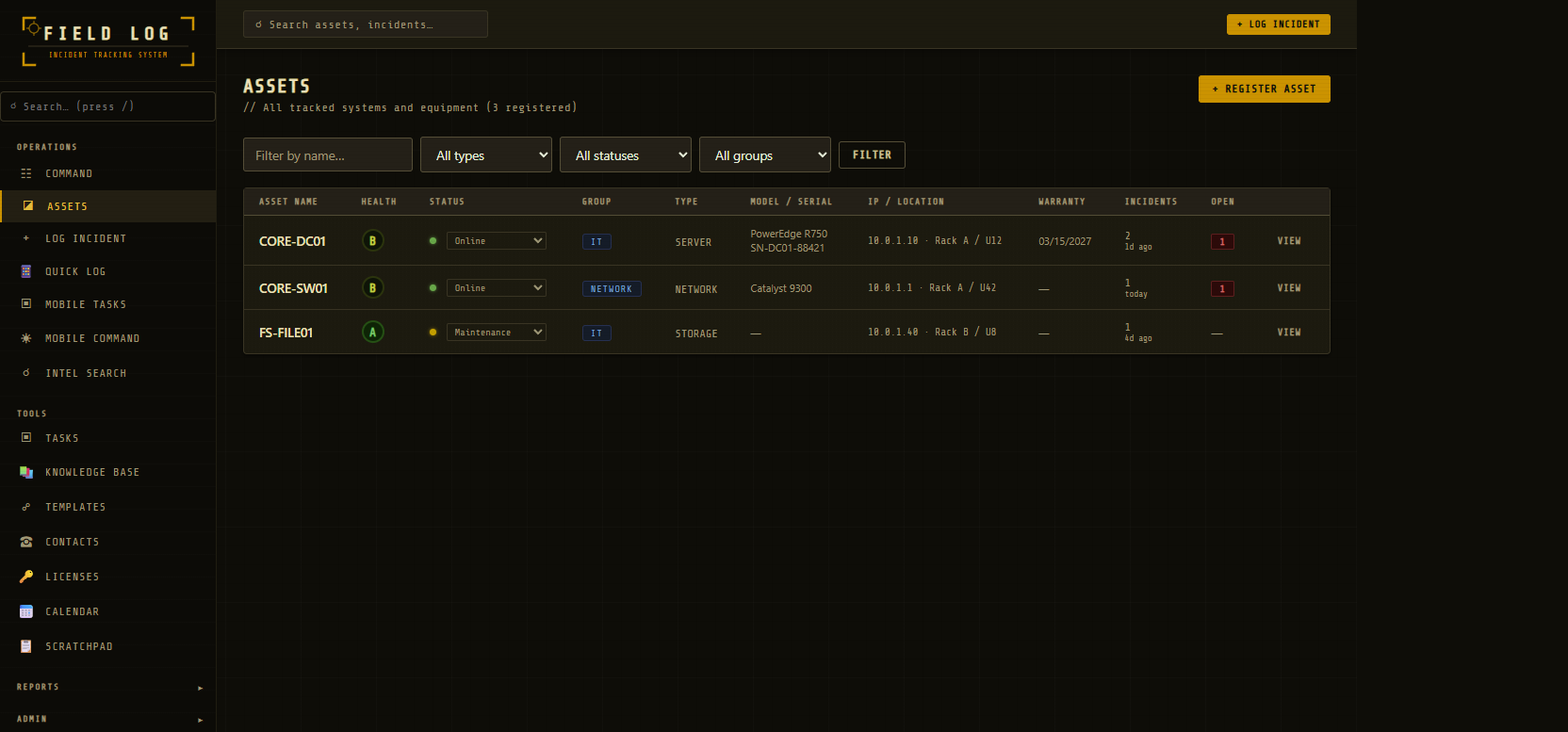 Field Log assets list with health scores and status filters