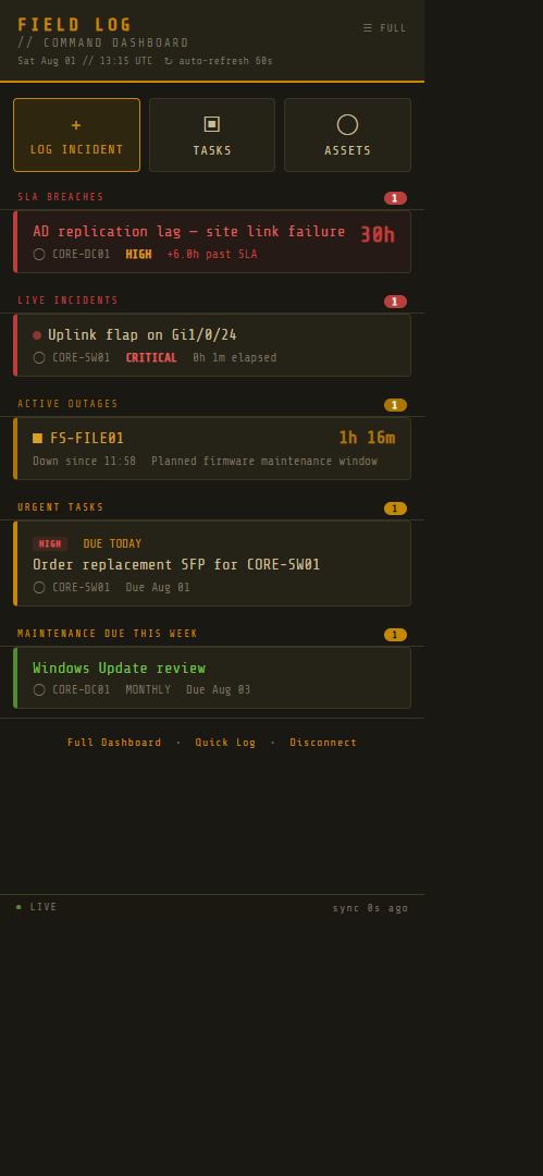 Field Log mobile command dashboard on a phone-sized screen